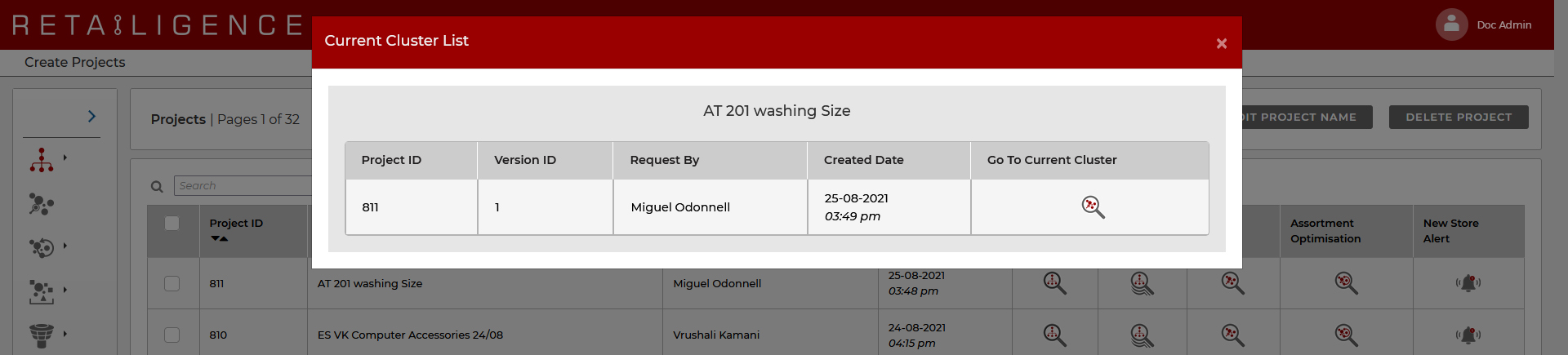 Retailigence: Project Management - View Current Clusters