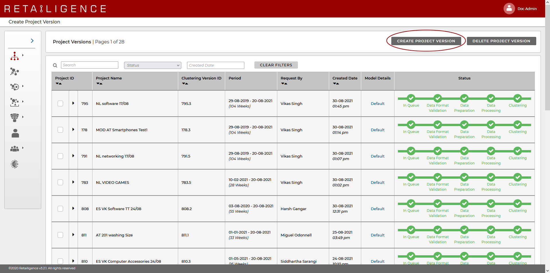 Retailigence: Project Management - Create Project Versions