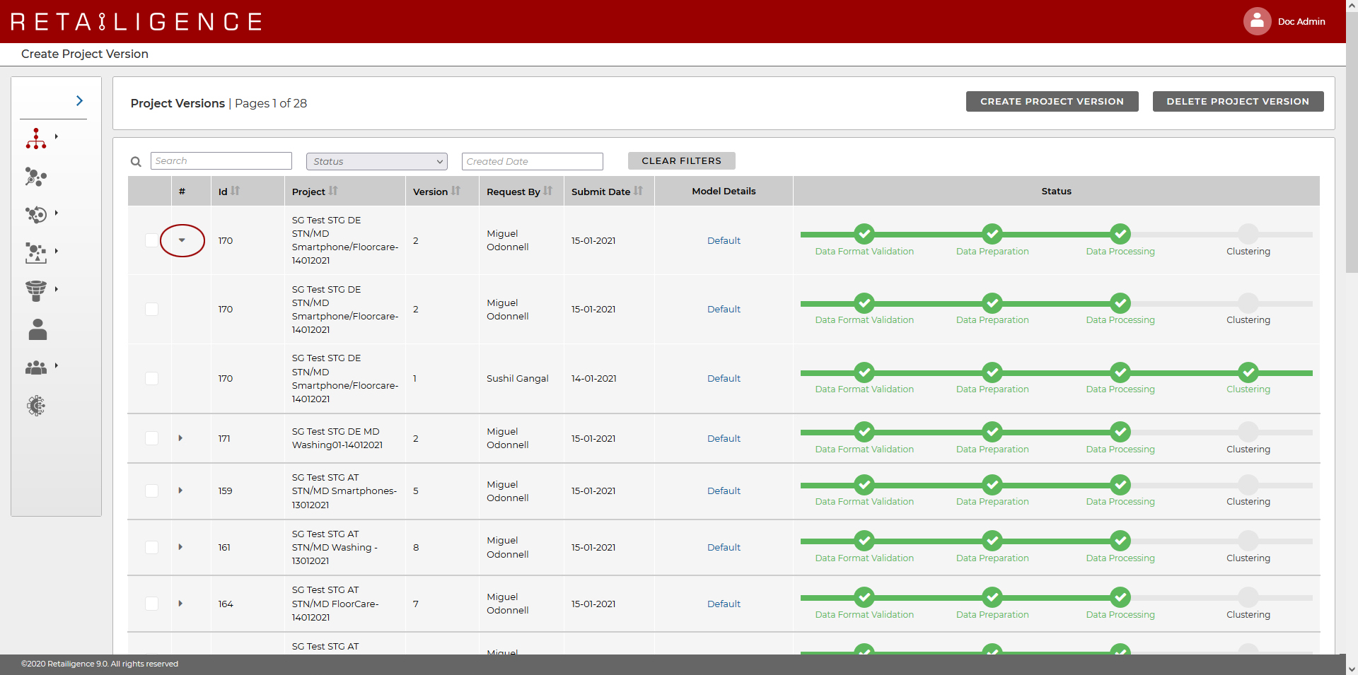 Retailigence: Project Management - Create Project Versions